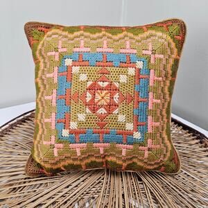 Vintage 70s Smokey Topaz Needlepoint Pillow Wool Yarn Tan Rust Blue Olive Velvet